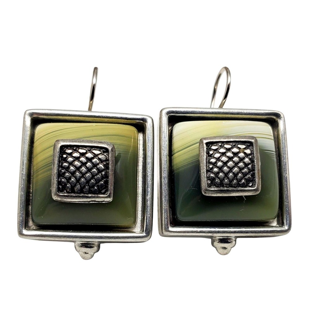 Ben Amun Green Earrings Drop Silver‎ Tone Square Geometric Dangle Modernist Vtg